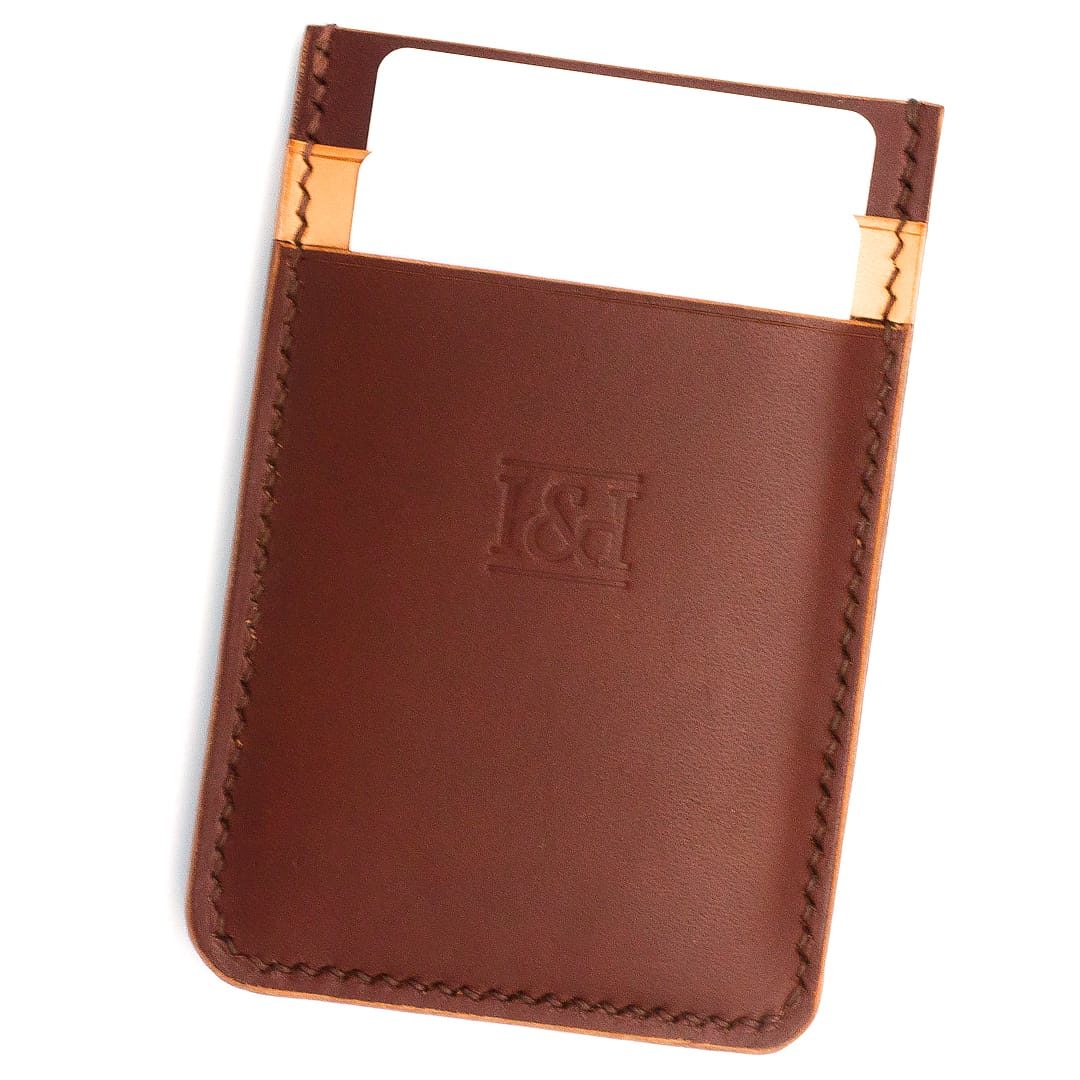 Vertical cardholder with contrasting brown and nude pockets and blank cards.