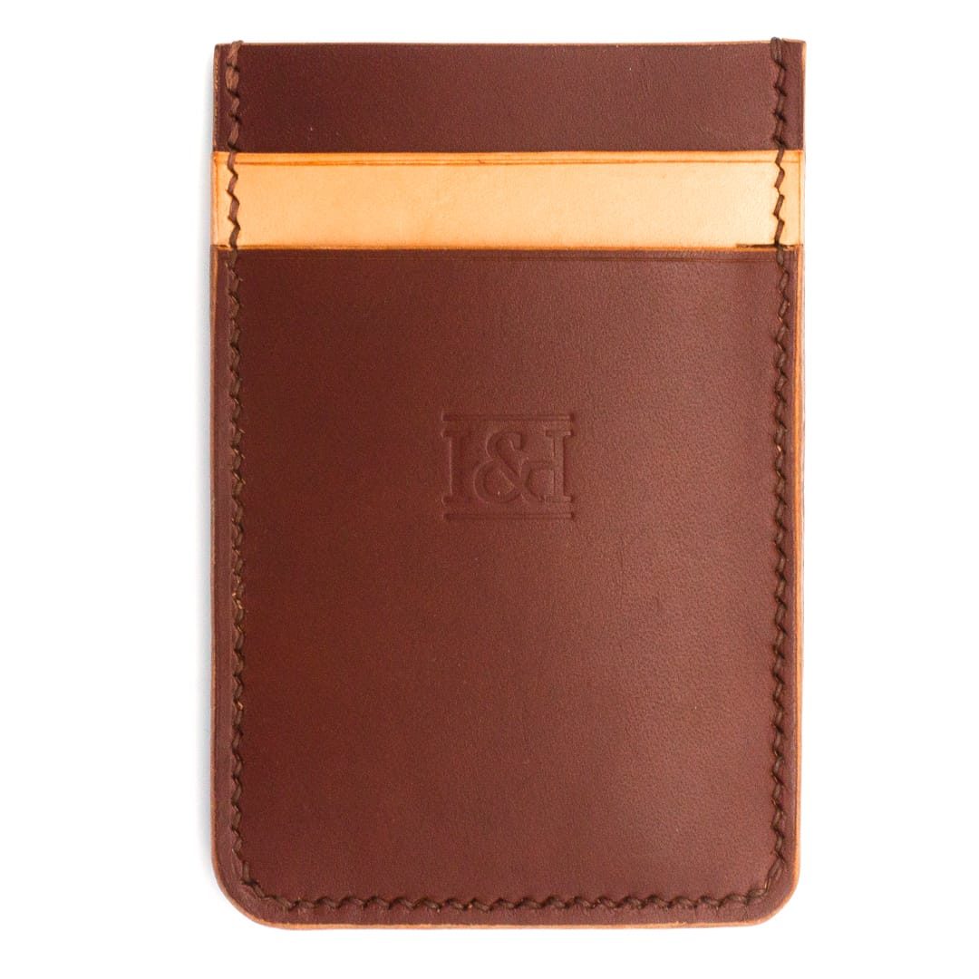 Vertical cardholder with contrasting brown and nude pockets.