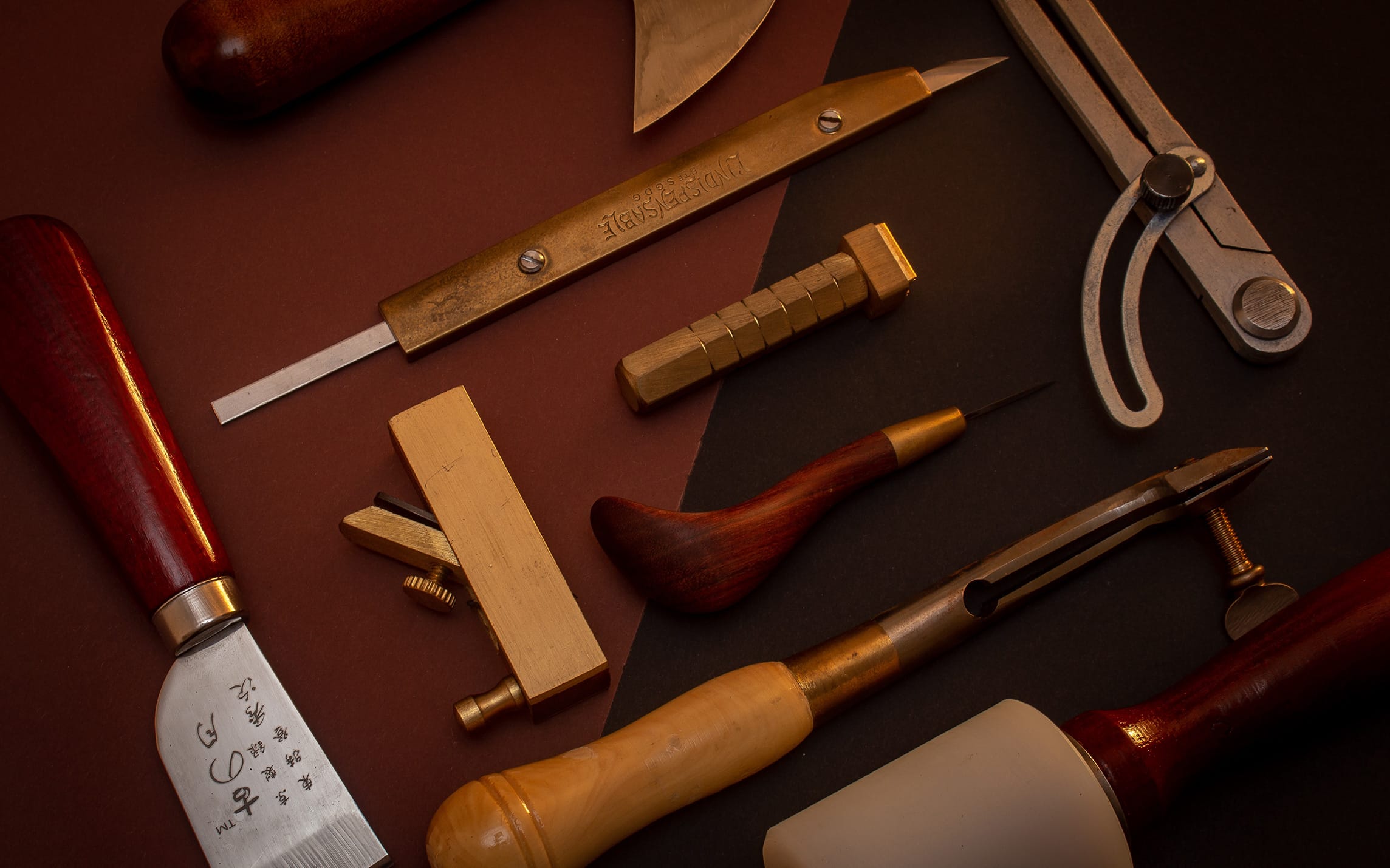 Display of tools for handmade leather products.